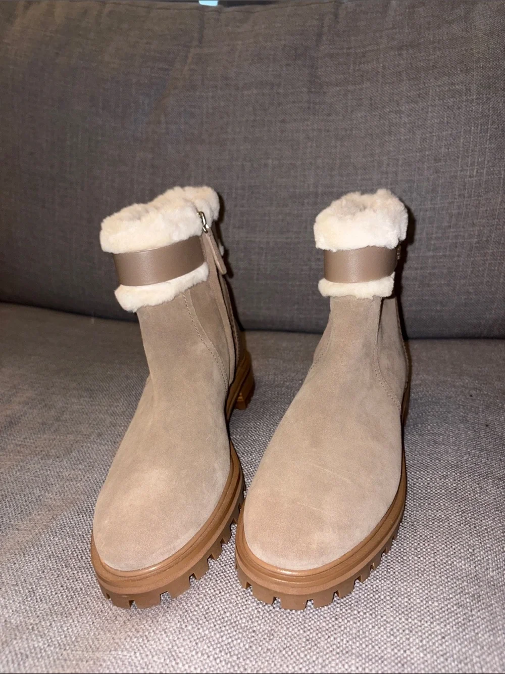 kate spade Taupe Suede Shearling-Trim Lug Sole Boots